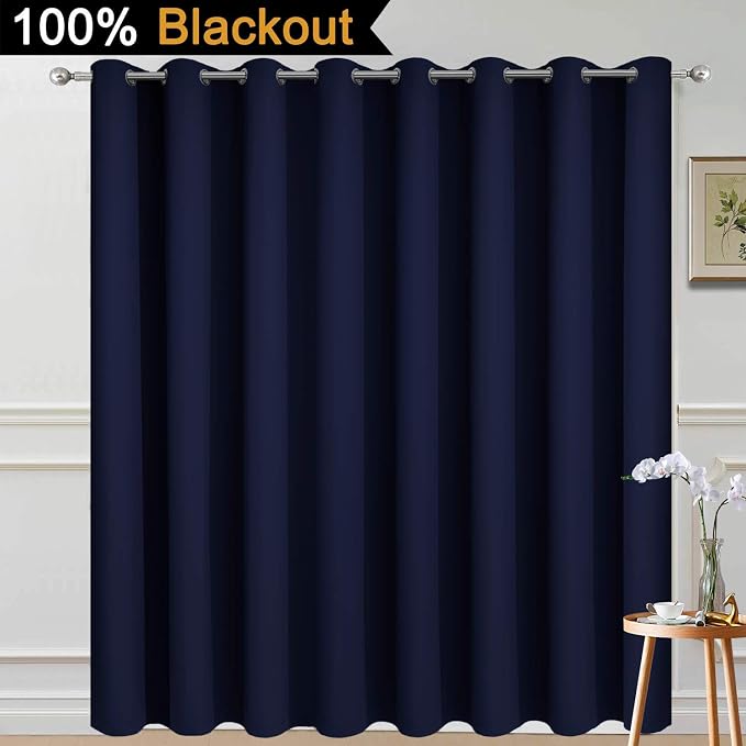 Yakamok Navy Blue Blackout Patio Door Curtain Panels W100 x L96, 1 Panel | Noise Reducing Barrier Panel for Sliding Glass Door, 2 Thick Layers Heat Full Light Blocking Patio Door Drapery