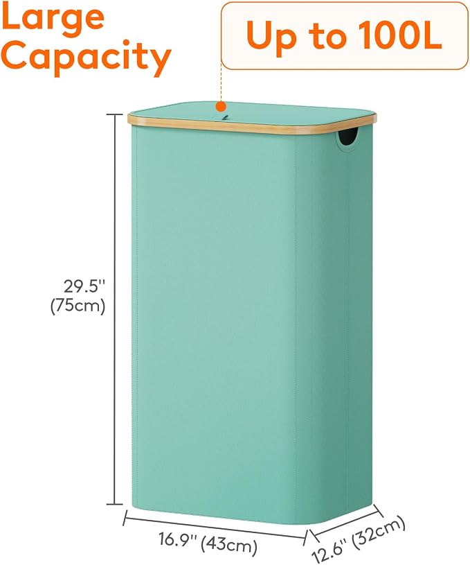 Lifewit 100L Laundry Basket with Lid, Clothes Hampers for Laundry with Bamboo Handles and 1 Removable Bag, Large Foldable Laundry Hamper for Bedroom, Bathroom, Dorm, Laundry Room, Sage Green