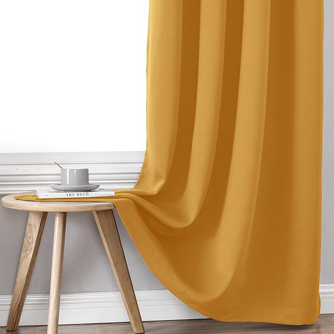 ChrisDowa 100% Blackout Curtains for Bedroom 54 Inches Long 2 Panels Set | 2 Thick Layers Total Light Blocking Thermal Insulated Grommet Window Curtains for Living Room, Mustard Yellow, 42 x 54 Inch