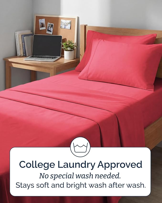 Extra Deep Twin XL Sheet Set - 4 Piece College Dorm Room - Red | College Dorm Room Essentials, Easy & Secure Fit, Ultra-Soft, Wrinkle & Fade Free, Comfy Sheets Set with Extra Deep Pockets