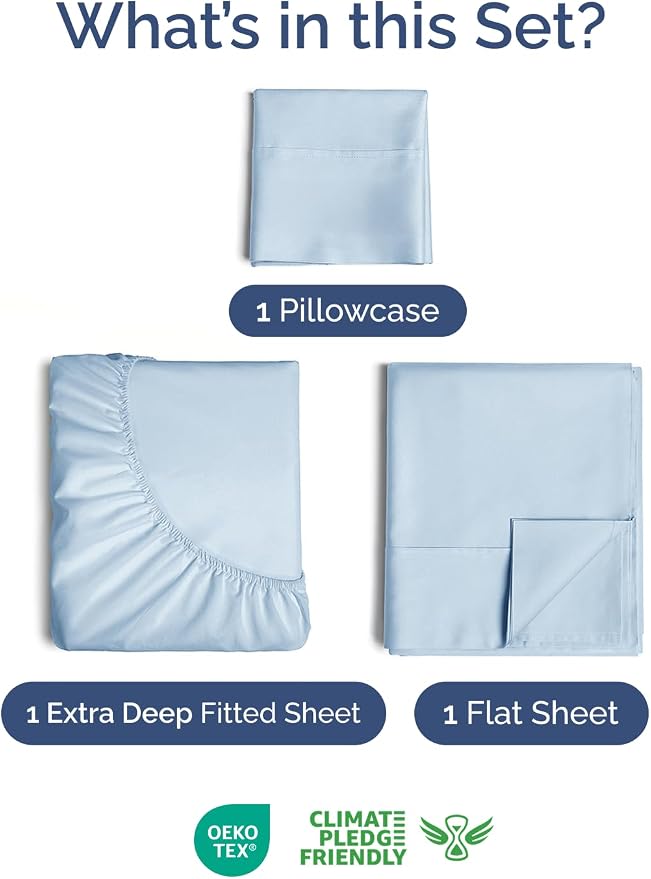 Extra Deep Twin Sheet Set - 3 Piece Breathable & Cooling Sheets - Sky Blue | Easily Fits 18 to 24 inch Mattress - Ultra Soft, Wrinkle & Fade Free with Extra Deep Pockets - Comfy Hotel Luxury Bedding