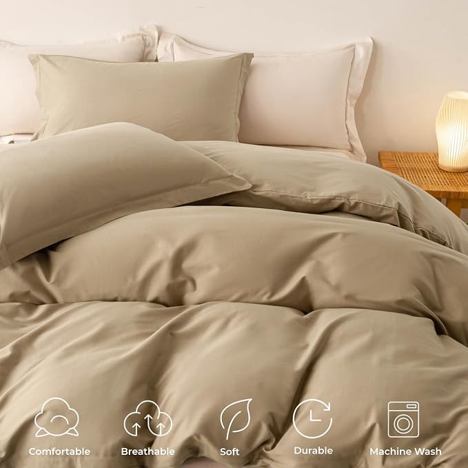 OAITE Duvet Cover Set 100% Washed Cotton Solid 3pcs | Soft,Durable,Long-staple Cotton,Hidden Zipper with 8 Interior Corner Ties,2 Pillowcases