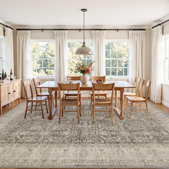 Area Rugs 9x12 Living Room: Bedroom Washable Carpet Warm Taupe | Large Vintage Boho Indoor Decor Neutral Soft Nursery Farmhouse Dining Room Office Floor Non-Slip Low Pile Under Table Rug