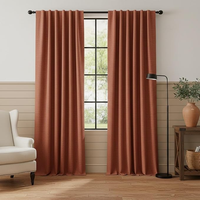 RYB HOME 100% Blackout Linen Textured Curtains 84 Inch Long for Nursery | Thermal Insulated, Privacy Assurd, for Bedroom Living Room Window Office Dining Room, Terracotta, W52 x L84, 2 Panels