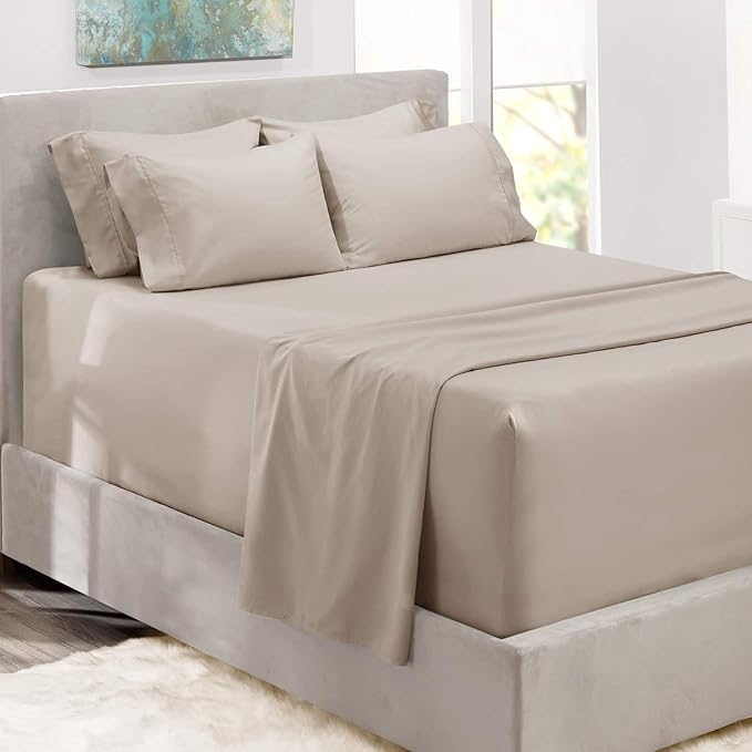 Hearth & Harbor Bed Sheets, Luxury Soft 6 Piece Bed Sheet Set Extra Deep Pocket Fitted Sheets Fits Mattress up to 21", Double Brushed Bedding Sheets & Pillowcases, Full, Natrual Linen