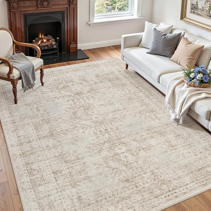 6x9 Area Rugs Living Room: Bedroom Neutral Washable Carpet Brown | Vintage Boho Soft Small Indoor Decor Floor Non-Slip Low Pile Neutral Farmhouse Entryway Laundry Bathroom Bedroom Beside Rugs