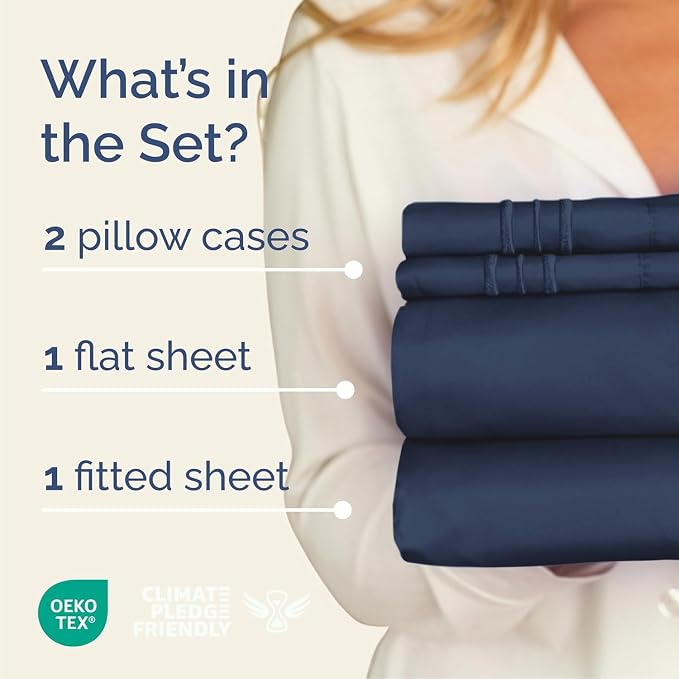 Cal King Size 4 Piece Sheet Set - Breathable & Cooling Sheets - Navy Blue | Hotel Luxury Bed Sheets for Women & Men, Deep Pockets, Easy-Fit, Extra Soft & Wrinkle Free Sheets, Oeko-Tex Bed Sheet Set