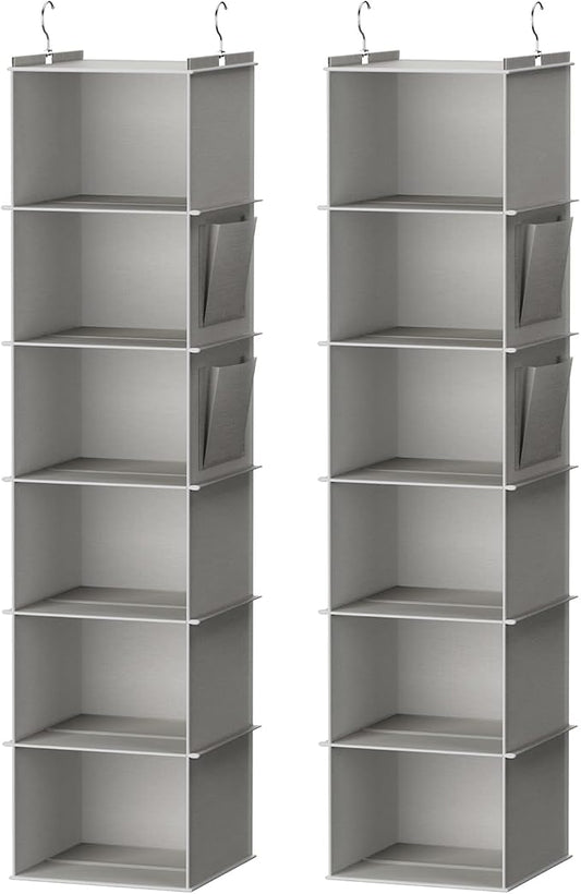 Hanging Closet Organizer and Storage, 6-Shelf, 2 Packs, Light Grey | Breathable Fabric, 2 Side Pockets, Clothes Organizer, Hanging Shelves, Closet Storage, College Dorm Room Essentials for Guys