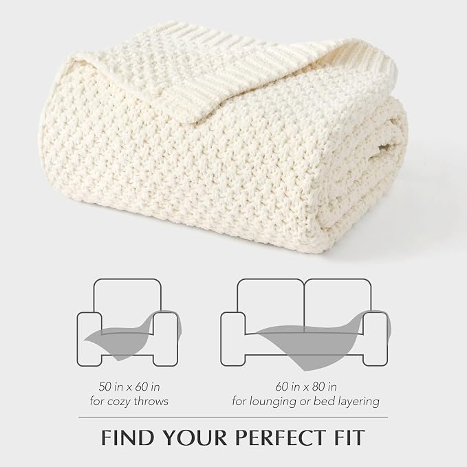 EVERGRACEHOME Chunky Chenille Knit Throw Blanket, 60 x 80, Ivory White | Sculpted Moss Stitch, Chic Modern Farmhouse, All-Season Warmth, OEKO-TEX® Certified, Elegant Blanket for Couch, Bed, Sofa