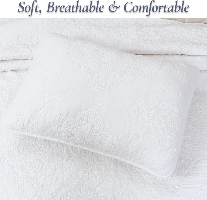 Cozy Line Home Fashions Solid White 100% Cotton Quilt Set, Queen | 3-Piece, Textured Damask Stitch Bedspread with King Shams, Quilted, Elegant All Season Hotel Style Bedding