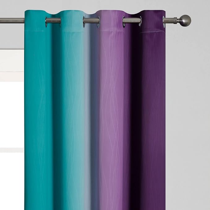 Ombre Teal and Purple Blackout Curtains for Kids Bedroom | Room Darkening Thermal Insulated Gradient Curtains, Full Light Blocking Grommet Drapes for Living Room,52Wx45L Inch, 2 Panels
