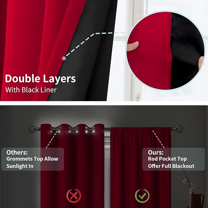 BGment Christmas 100% Blackout Curtains for Bedroom 84 Inch Length 2 Panels | Decoration Thermal Insulated, Full Room Darkening Noise Reducing Rod Pocket Curtains for Living Room, Red, 42 x 84 Inch