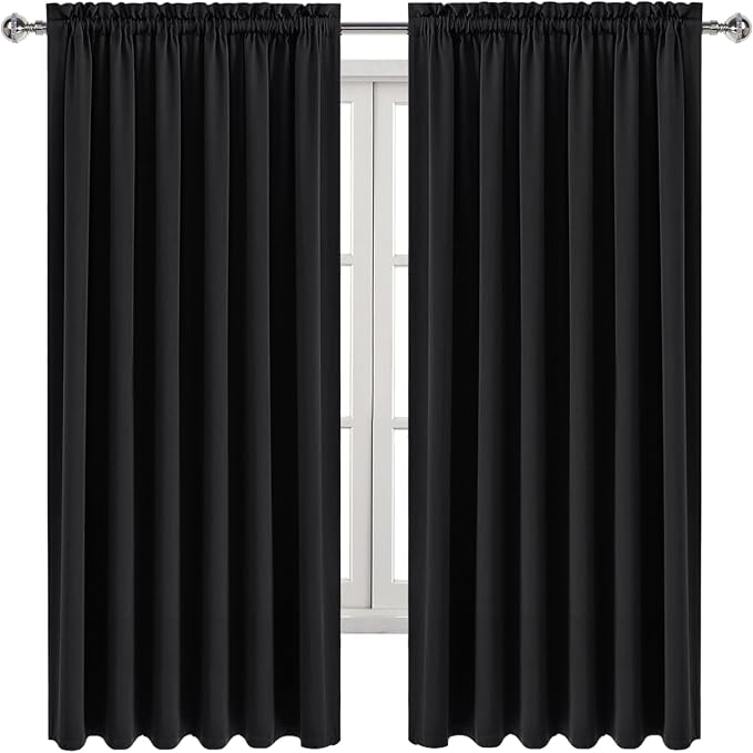 DWCN Wide Blackout Curtains for Bedroom Living Room 70 x 63 Inch Long Black | 2 Panels Set, Room Darkening, Thermal Insulated, Light Blocking, Rod Pocket Drapes, Noise Reducing Window Treatments