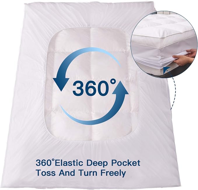 ELEMUSE Cal King Goose Down Feather Mattress Topper, Feathered Pillow Top | Fusion goose down and feather fill adds plush comfort. Deep pocket fits Cal King mattresses for tall sleepers and bedrooms