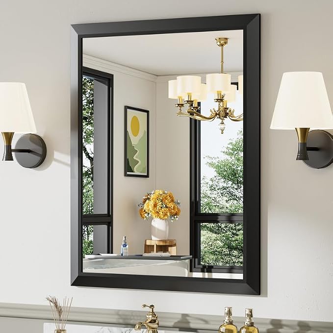 Black Metal Framed Bathroom Wall Mirror, 28x36 Inch | Anti-rust, HD tempered glass, for bathroom vanity, bedroom, living room, horizontal or vertical mount