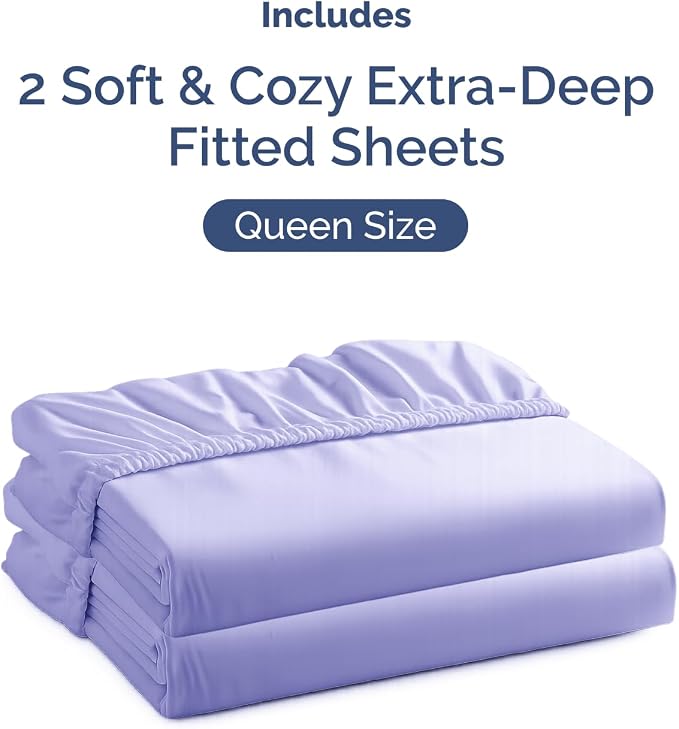 2 Pack Extra Deep Queen Fitted Sheets with Extra Deep Pockets - Lavender | Hotel Luxury Bottom Fitted Sheets Only, Soft, Fade & Wrinkle Free, Breathable & Comfy, All Around Elastic Fitted Sheets