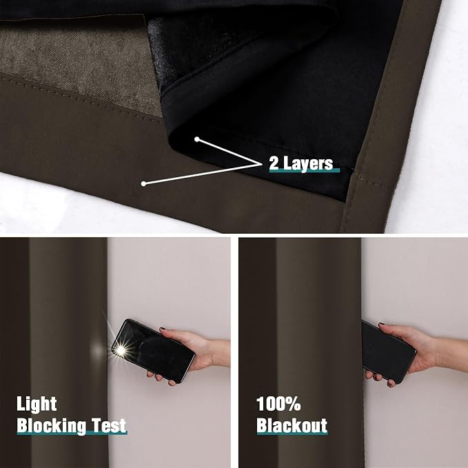 ChrisDowa 100% Blackout Curtains for Bedroom 84 Inches Long 2 Panels Set | 2 Thick Layers, Thermal Insulated, Light Blocking, Grommet, Window Treatment, Living Room Drapes, Brown, 38 x 84 Inch