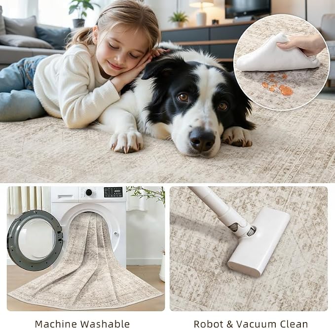 Washable Area Rugs 2x3: Neutral Living Room Bedroom Carpet Brown | Vintage Boho Soft Small Indoor Decor Floor Non-Slip Low Pile Neutral Farmhouse Entryway Laundry Bathroom Bedroom Beside Rugs