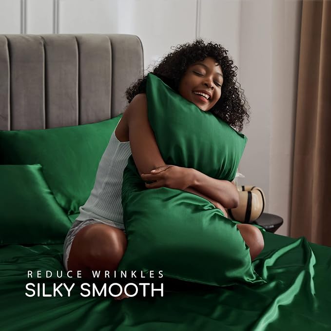 MR&HM Satin Sheets Queen Size with Elastic Corner Straps, Dark Green | Similar to Silk, 6-Piece Silky Soft Bed Sheet Set, Gentle on Skin and Hair, 15" Deep Pocket, Cooling & Breathable