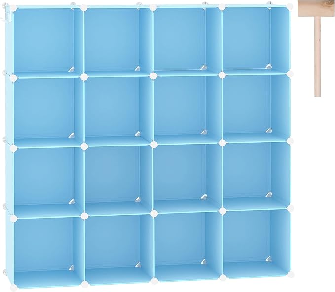 C&AHOME 16 Cube Storage Organizer Cube Shelves Units Storage Cubes, Blue | Plastic DIY Closet Organizer, Stackble Modular Closet Storage Shelves Ideal for Home, Bedroom, 48.4" L × 12.4" W × 48.4" H