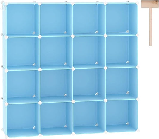 C&AHOME 16 Cube Storage Organizer Cube Shelves Units Storage Cubes, Blue | Plastic DIY Closet Organizer, Stackble Modular Closet Storage Shelves Ideal for Home, Bedroom, 48.4" L × 12.4" W × 48.4" H