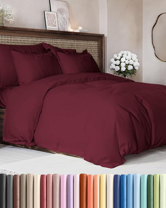 Duvet Cover Queen Size - Soft 3 Piece with Zipper Closure - Burgundy | Extra Soft, Breathable, Queen Duvet Cover 90" x 90" with 2 Pillow Shams, Zipper Closures & Ties, Women, Men, Kids & Teens