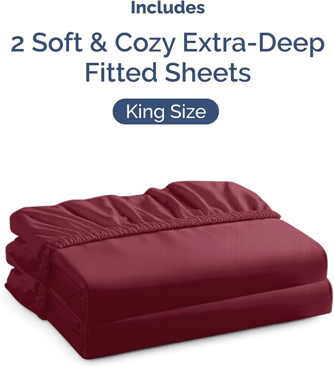 2 Pack Extra Deep King Fitted Sheets with Extra Deep Pockets - Burgundy | Hotel Luxury Bottom Fitted Sheets Only, Soft, Fade & Wrinkle Free, Breathable & Comfy, All Around Elastic Fitted Sheets
