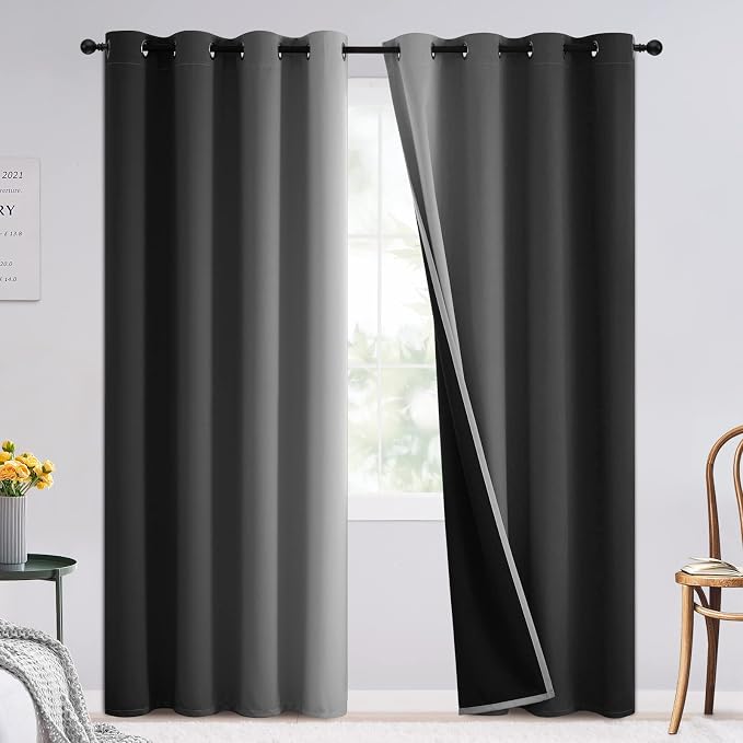 SimpleHome 100% Blackout Ombre Bedroom Curtains Black and Greyish White,84L | Room Darkening Curtains,Thermal Insulated Grommet Window Drapes and Curtains for Living Room,2 Panels, 52x84 inches Length
