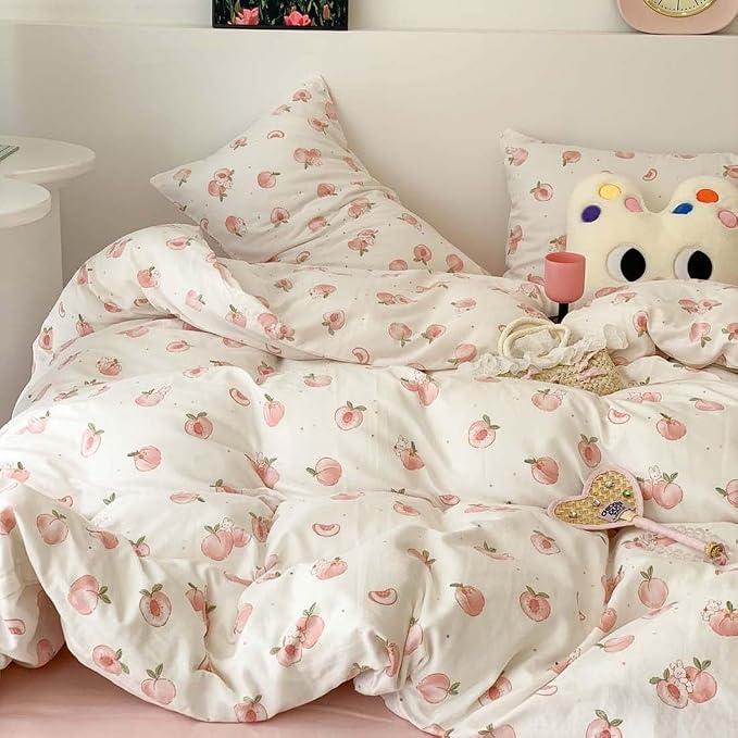 Nayoroom Pink Peach Duvet Cover Queen Size Kawaii Fruit Peaches Rabbit Printed on White Comforter Cover 3Pcs Kids Girls Soft Breathable Microfiber Cute Cartoon Bedding Set with Zipper Closure