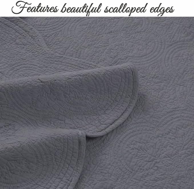 Cozy Line Home Fashions Charcoal Gray Cotton Quilt Set – 3-Piece Solid Textured Quilted Bedspread with Shams, Lightweight All Season Modern Bedding (Blantyre - Grey, Queen - 3 piece)