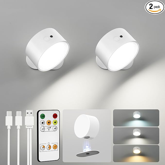 LED Wall Mounted Lights, Rechargeable Wall Sconces, 3 Color Temps, Remote & Touch, 360° Rotating and Dimmable for Bedroom, Bedside & Reading (White, 2 Pack)