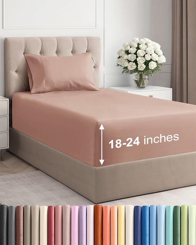 Extra Deep Twin Sheet Set - 3 Piece Breathable & Cooling Bed Sheets - Mauve | Easily Fits 18 to 24 inch Mattress - Ultra Soft, Wrinkle & Fade Free with Extra Deep Pockets - Comfy Hotel Luxury Bedding