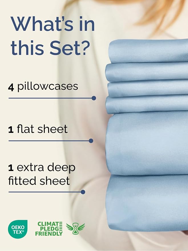 Extra Deep Queen Sheet Set - 6 Piece Breathable & Cooling Sheets - Sky Blue | Hotel Luxury Bed Sheets Set, Easy & Secure Fit, Ultra-Soft, Wrinkle & Fade Free, Comfy Sheets Set with Extra Deep Pockets