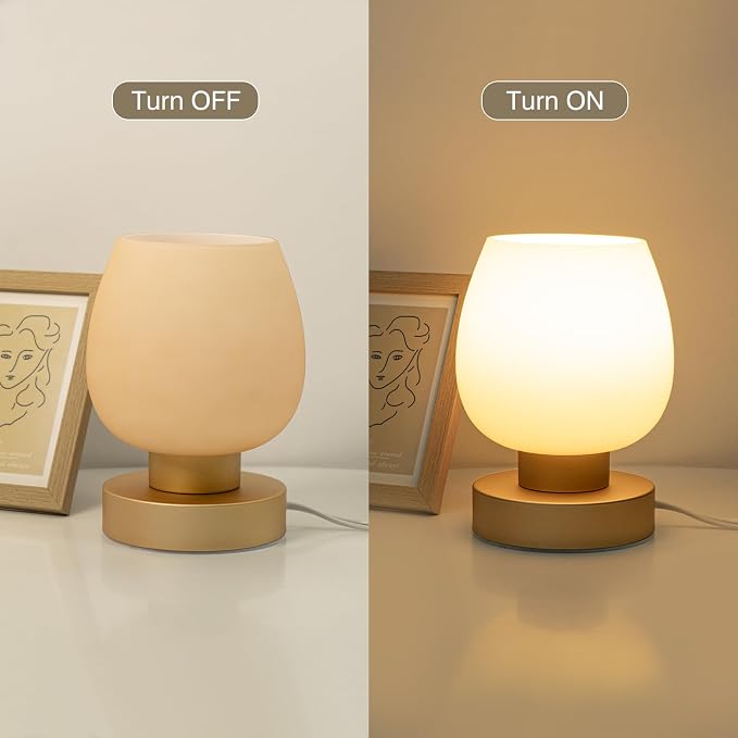 Touch Bedside Table Lamp Set of 2 - Small Modern Table Lamp for Bedroom Living Room Nightstand, 3-Way Dimable Desk lamp with Desert Titanium Color Glass Lamp Shade, 2700K LED Bulb, Simple Design