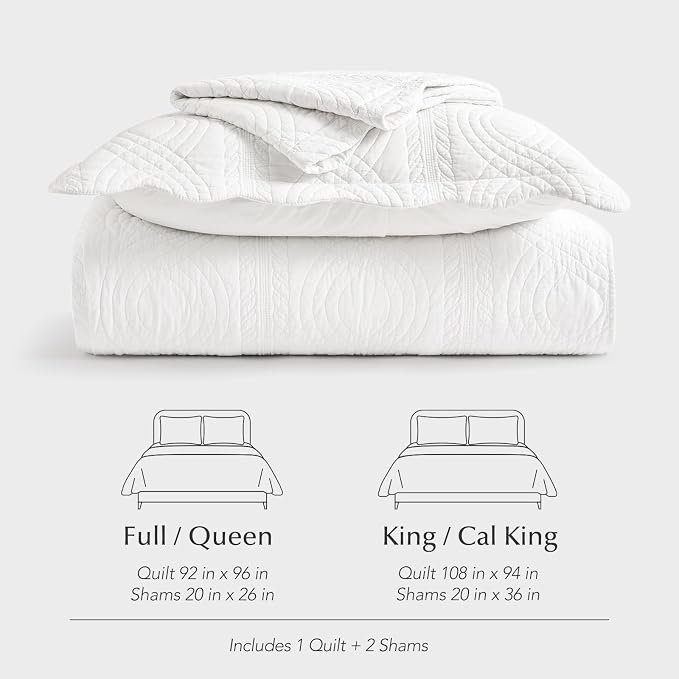 100% Cotton Scallop Quilt Set, King Size, Bright White | Scalloped Border, Timeless Chic Aesthetic, All-Season Comfort, Perfect French Country Bedroom Decor, 3 Piece Set with 2 Shams