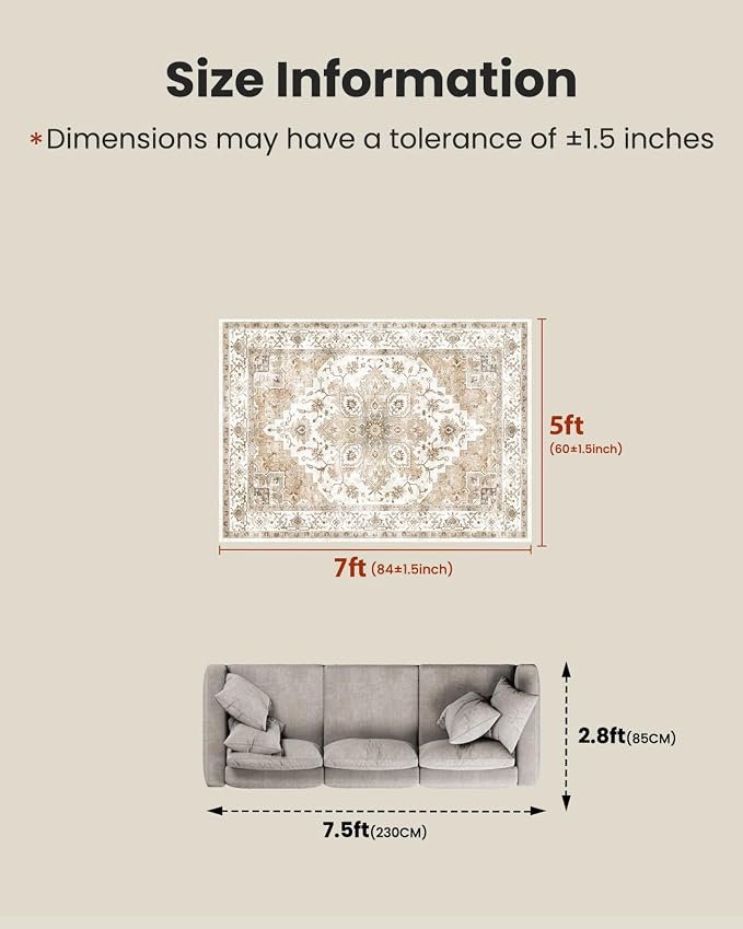 AMADA HOMEFURNISHING 5x7 Area Rugs, Washable Living Room Rug Low-Profile with Non-Slip Backing & Durable Edge Binding, Vintage 5x7 Rugs for Living Room, Bedroom, Dinning Room