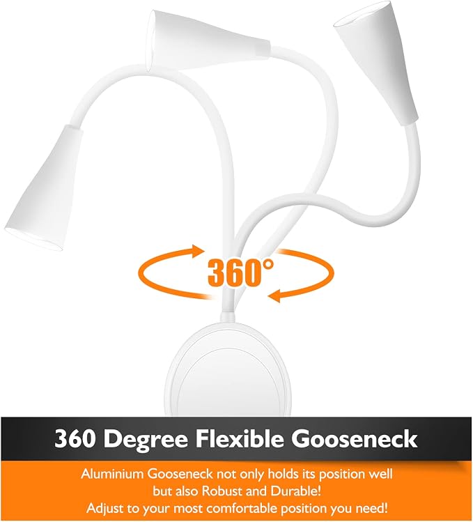 SANKEDOU LED Wall Mount Reading Light, Bedside Reading Lights, 5 Dimmable | Touch Control, USB Output, Night Light & Timers, Flexible Gooseneck Headboard Bed Lights wall Sconce (White-2P)