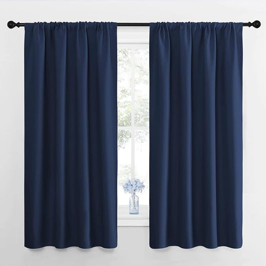 NICETOWN Navy Blackout Curtains for Bedroom 42" Wide x 63" Long 2 Panels | All Season Thermal Insulated Solid Rod Pocket Top Drapes for Kid's Room, Light Blocking Noise Reducing Window Decor