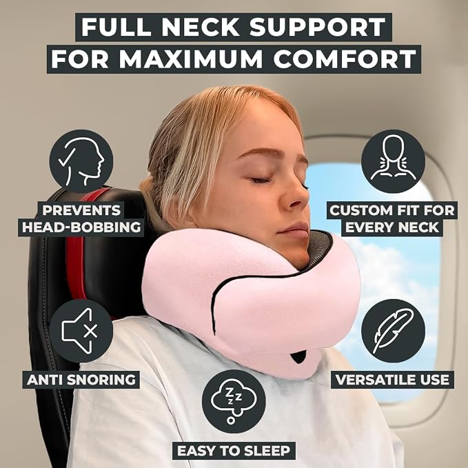 FlyHugz® Neck Travel Pillow Memory Foam Neck Pillow for Comfort on Airplane Compact and Ergonomic Design for Travel, Car Rides, and Home Use Ideal for Adults and Kids. (Pink)