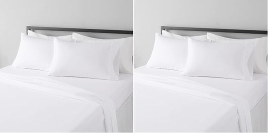 Amazon Basics Lightweight Super Soft Breathable Wrinkle-Resistant Microfiber 4-Piece Bed Sheet Set with 14-Inch Deep Pockets, Queen, Bright White, Solid (Pack of 2)