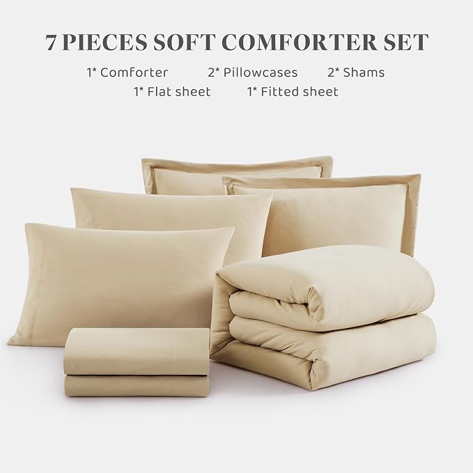 King Size Comforter Set- 7 Pieces Prewashed Bed in a Bag King Bedding Sets | Soft All Season Comforter with Sheets, Pillow Shams & Pillowcases, Beige