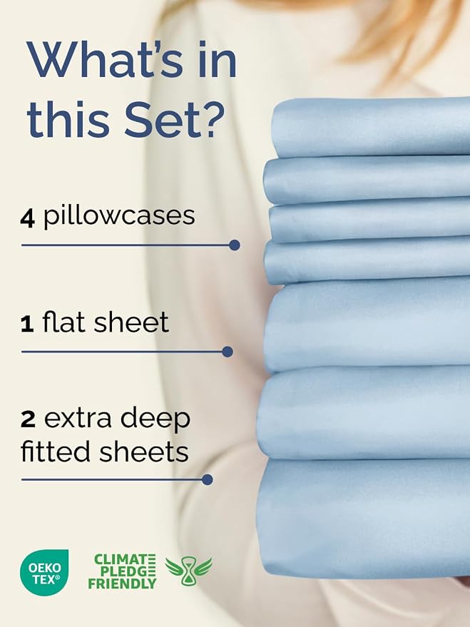 Extra Deep Split King Sheet Set - 7 Piece Breathable & Cooling - Sky Blue | Hotel Luxury Bed Sheets Set, Easy & Secure Fit, Ultra-Soft, Wrinkle & Fade Free, Comfy Sheets Set with Extra Deep Pockets