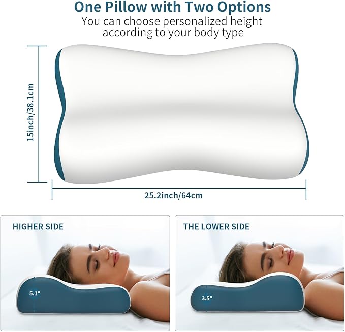 Cervical Neck Pillow for Pain Relief, Contour Memory Foam Pillows for Sleeping, Ergonomic Pillow Orthopedic Cooling Pillow Bed Pillow Neck Support for Side Back Stomach Sleepers(White&Blue)