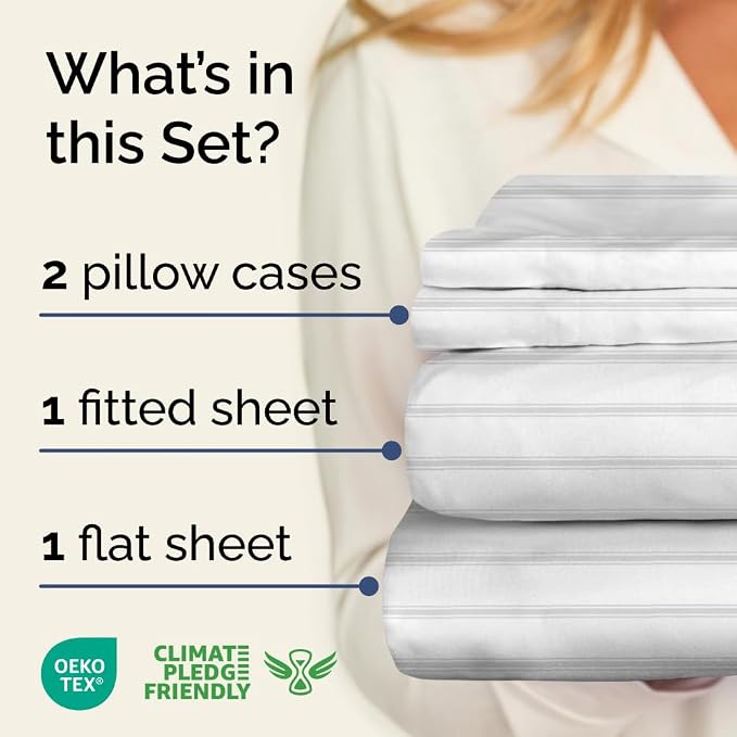 King 4 Piece Striped Sheet Set - Soft, Breathable & Cooling - Misty Stripes | 1 Flat, 1 Fitted & 2 Pillowcases w/ Deep Pockets, Luxury Striped Bedding, Soft, Breathable & Cooling, Wrinkle & Fade Free