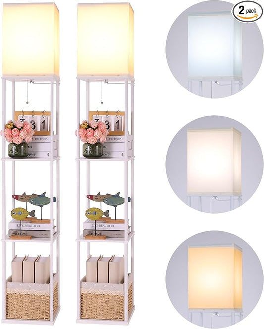Gupuzm Floor Lamp with Shelves, 4 Layer Square Standing Lamp with 3 Color Temperature Bulb, Corner Display Bookshelf Lamp for Living Room, Bedroom and Office（White-2 Packs）