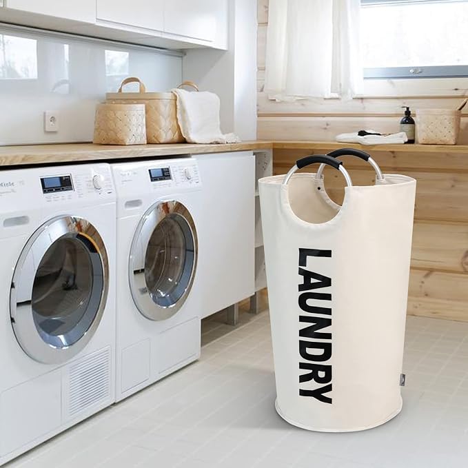 DOKEHOM 125L X-Large Laundry Basket Bag, Collapsible Tall Hamper, Beige | Freestanding tall washing bin & foldable laundry bag. Extra large clothes storage basket with durable sturdy handles