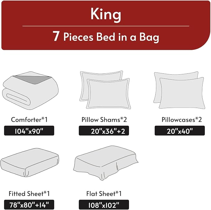 7 Pieces King Comforter Set, Reversible Bed in a Bag King Size, All Season Bedding Set with Comforter, Flat Sheet, Fitted Sheet, Pillowcases & Shams, Pink & Light Grey