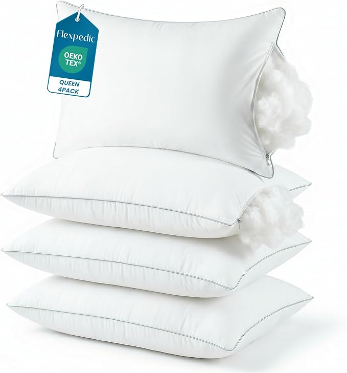 FP FLEXPEDIC Firm Queen Pillows 4 Pack - Adjustable Fluffy Bed Pillows for Sleeping, Down Alternative Fill, Zippered Plush Support, Hotel Quality, Oeko-TEX, Machine Washable, 110GSM Gray