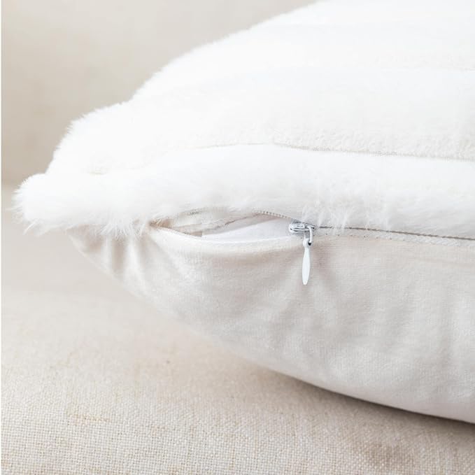 ZLINA Cream White Striped Faux Fur Throw Pillow Covers 22 x 22 Inch | 2‑Pack, boho striped pillow covers,velvet back,fuzzy plush cushion covers , for sofa bed livingroom home decor