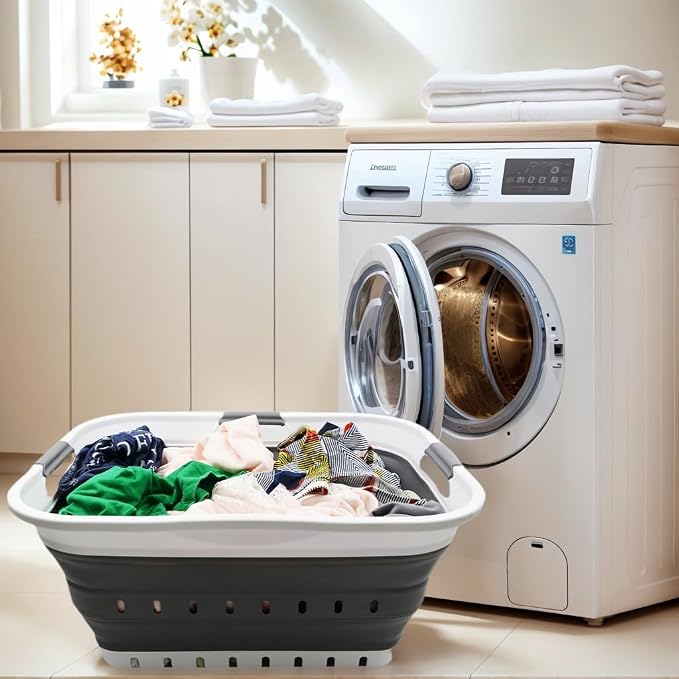 SAMMART 42L (11 gallon) Collapsible Plastic Laundry Basket - Foldable Pop Up Storage Container/Organizer - Space Saving Hamper/Basket (1, White/Dark Grey)
